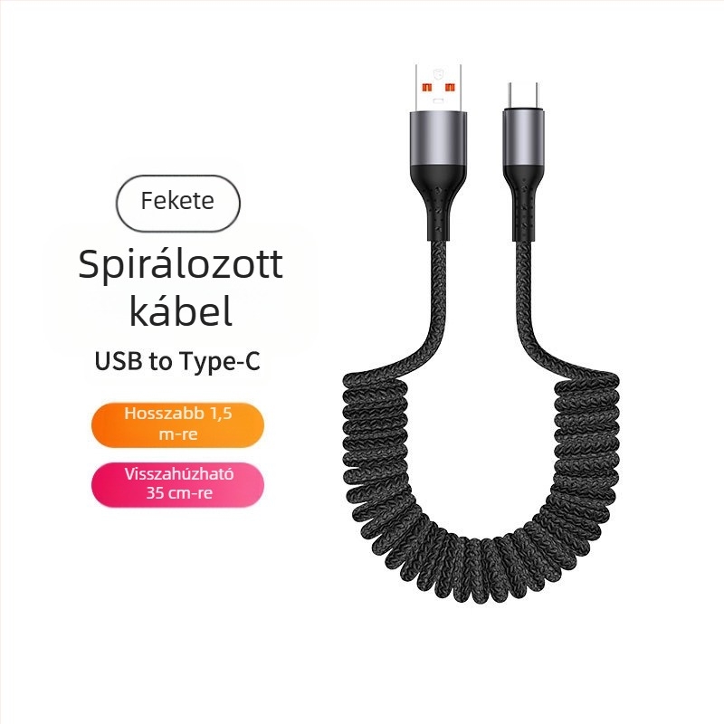 Nylon szövésű adatkábel, visszahúzható kivitelben, 100W gyors töltés, Lightning és Type-C csatlakozók, nejlon szövésű szerkezet