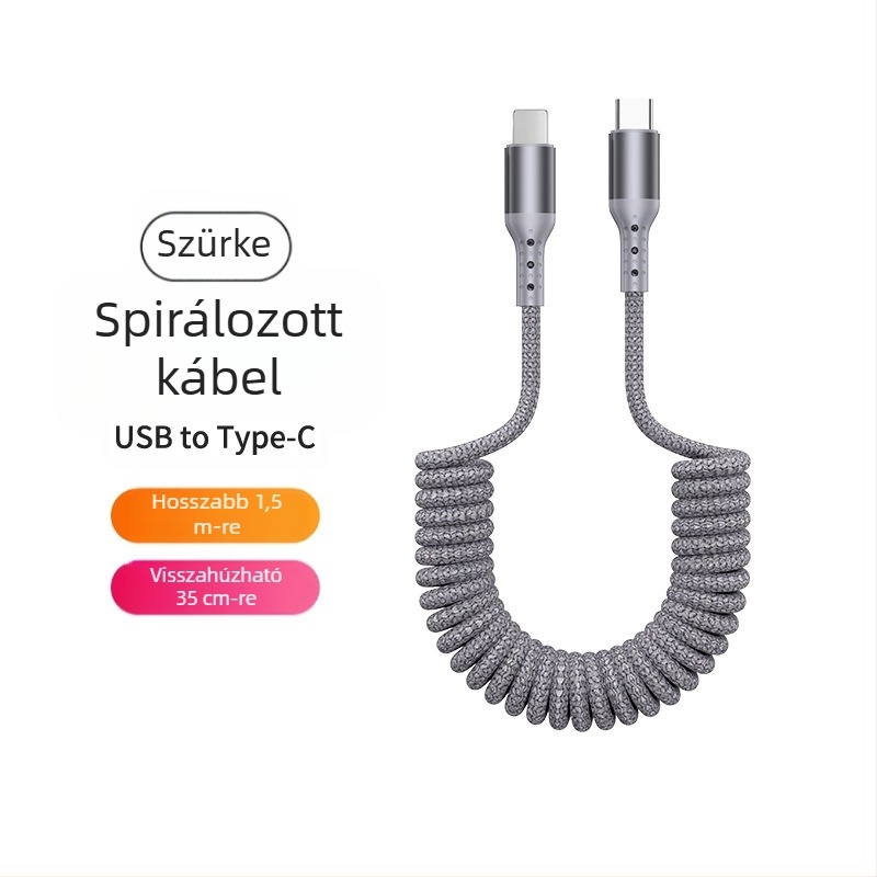 Nylon szövésű adatkábel, visszahúzható kivitelben, 100W gyors töltés, Lightning és Type-C csatlakozók, nejlon szövésű szerkezet
