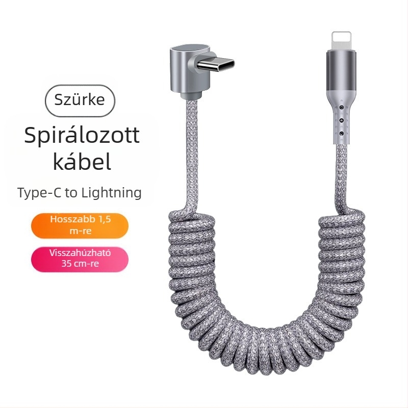 Nylon szövésű adatkábel, visszahúzható kivitelben, 100W gyors töltés, Lightning és Type-C csatlakozók, nejlon szövésű szerkezet