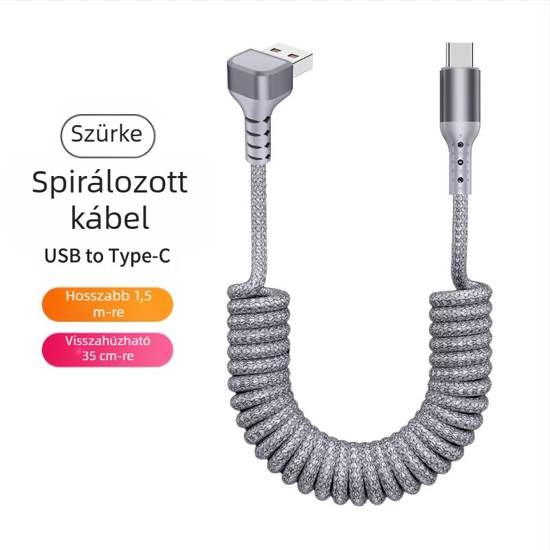 Nylon szövésű adatkábel, visszahúzható kivitelben, 100W gyors töltés, Lightning és Type-C csatlakozók, nejlon szövésű szerkezet