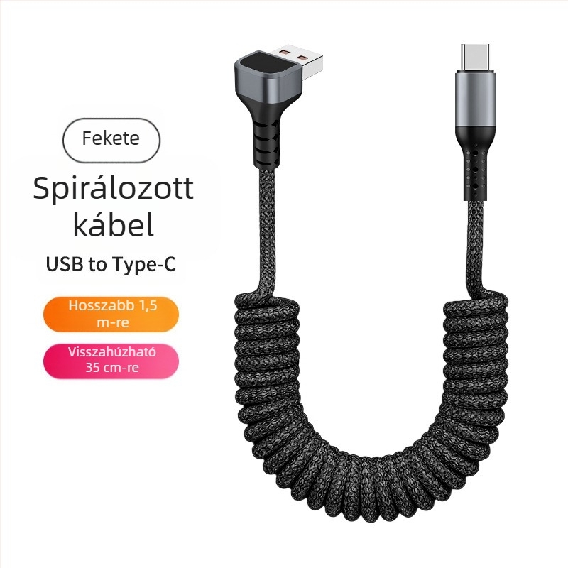 Nylon szövésű adatkábel, visszahúzható kivitelben, 100W gyors töltés, Lightning és Type-C csatlakozók, nejlon szövésű szerkezet