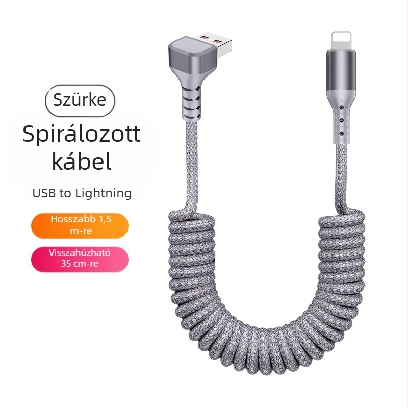 Nylon szövésű adatkábel, visszahúzható kivitelben, 100W gyors töltés, Lightning és Type-C csatlakozók, nejlon szövésű szerkezet