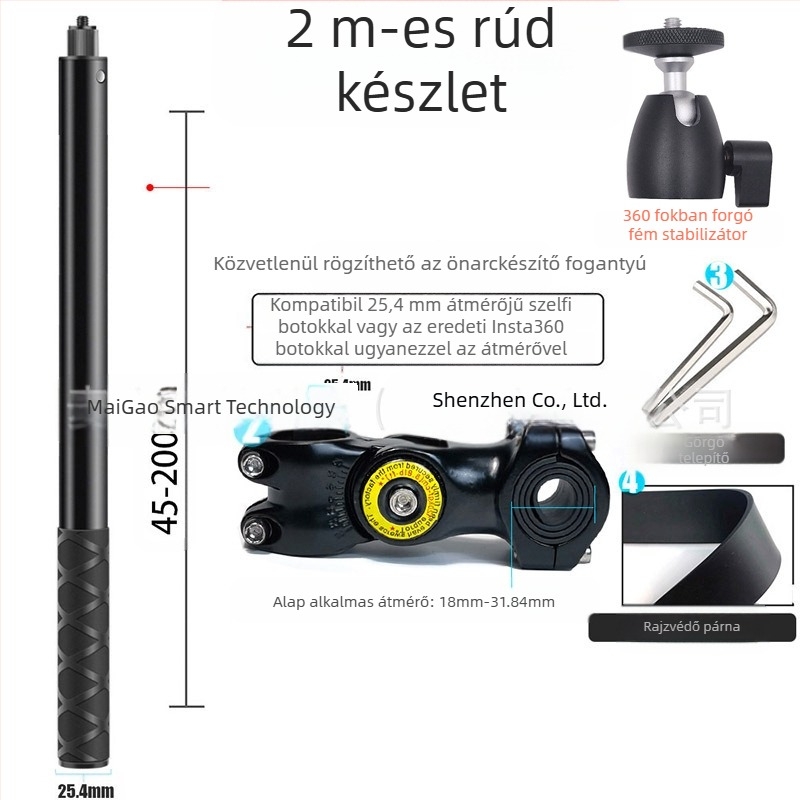 Harmadik személyes kamera tartó motorkerékpárhoz/kerékpárhoz – alumínium ötvözet; selfie bot GoPro és Insta360 X3 kompatibilitás