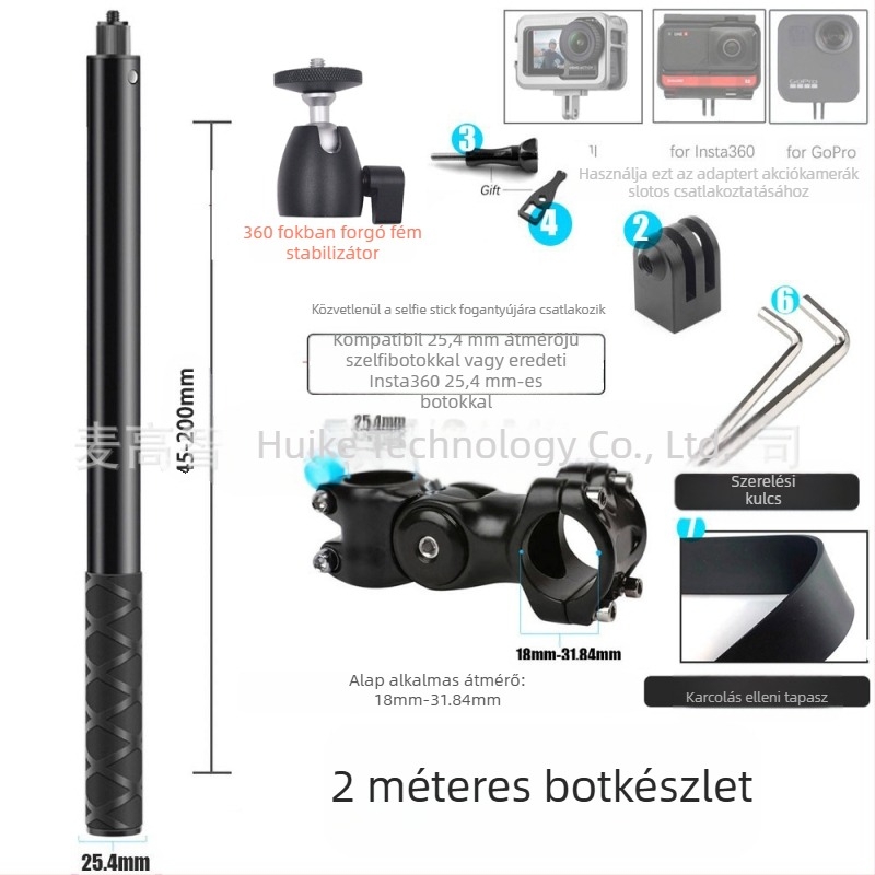 Harmadik személyes kamera tartó motorkerékpárhoz/kerékpárhoz – alumínium ötvözet; selfie bot GoPro és Insta360 X3 kompatibilitás