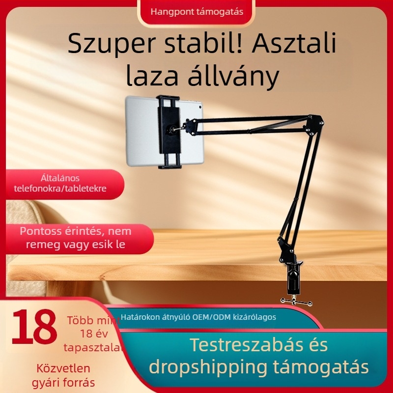 Telefon- és tabletatartó asztalhoz és éjjeliszekrényhez — teleszkópos, összecsukható kar, fém+ABS, testreszabás támogatott