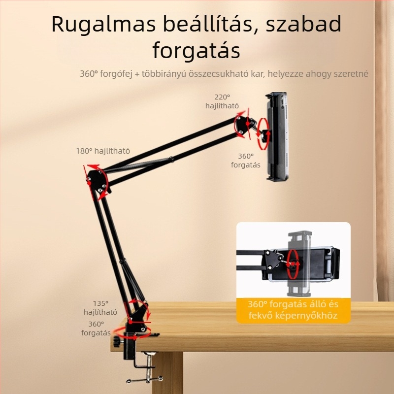 Telefon- és tabletatartó asztalhoz és éjjeliszekrényhez — teleszkópos, összecsukható kar, fém+ABS, testreszabás támogatott