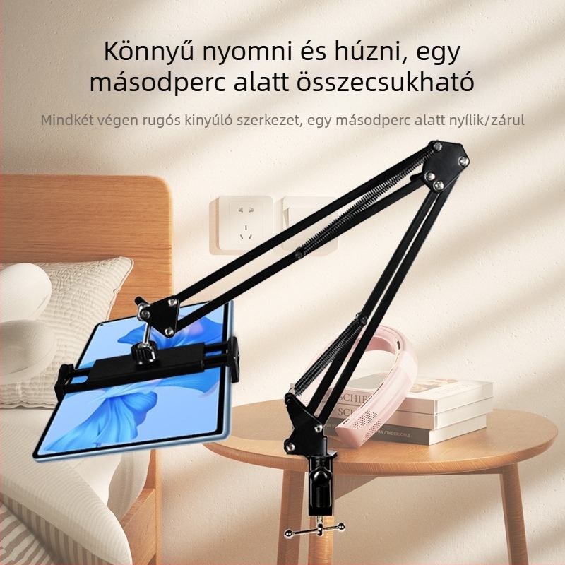 Telefon- és tabletatartó asztalhoz és éjjeliszekrényhez — teleszkópos, összecsukható kar, fém+ABS, testreszabás támogatott