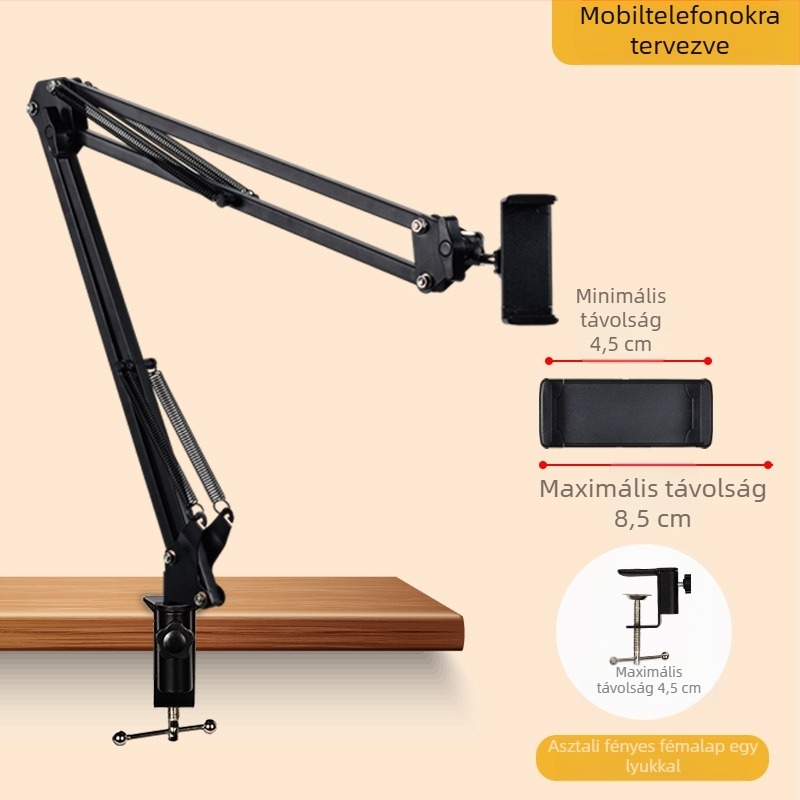 Telefon- és tabletatartó asztalhoz és éjjeliszekrényhez — teleszkópos, összecsukható kar, fém+ABS, testreszabás támogatott