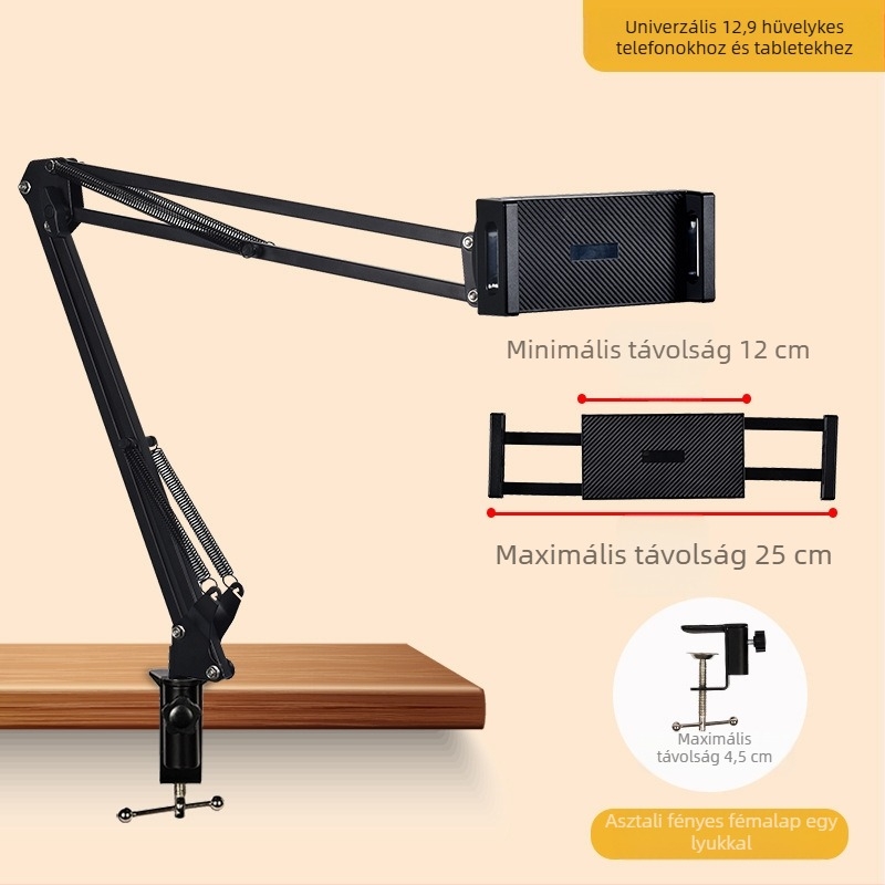 Telefon- és tabletatartó asztalhoz és éjjeliszekrényhez — teleszkópos, összecsukható kar, fém+ABS, testreszabás támogatott