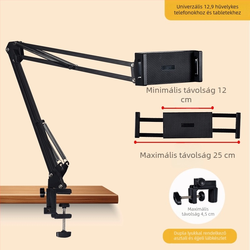 Telefon- és tabletatartó asztalhoz és éjjeliszekrényhez — teleszkópos, összecsukható kar, fém+ABS, testreszabás támogatott