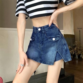Női denim A-vonalú szoknya-nadrág, street-hipster stílus, pamut 50–70%, gombok és cipzár
