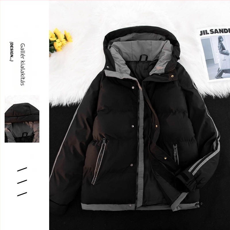 Férfi kapucnis vastag bélelt kabát – laza szabású, cipzáros elő, oldalsó zsebek, téli poliészter anyag