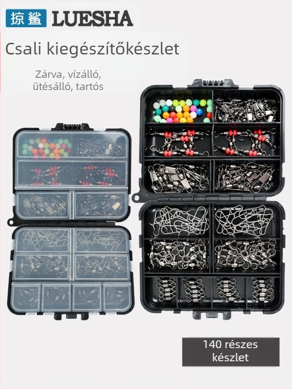 Horgászcsali kiegészítő készlet – 140 darab, hordozható fekete doboz (Swing Shark)