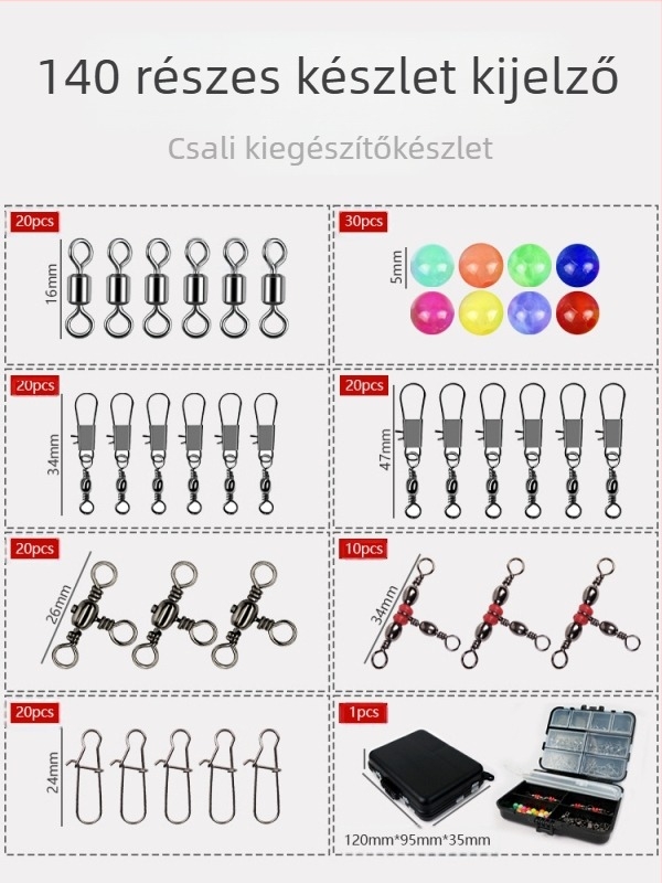 Horgászcsali kiegészítő készlet – 140 darab, hordozható fekete doboz (Swing Shark)