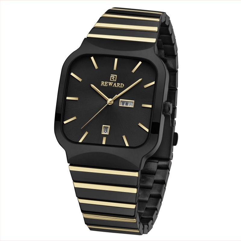 Reward Négyszögletes páróra kettős naptárral és heti kijelzővel, 30 m vízállóság, rozsdamentes acél szíj, kvarc mozgatás