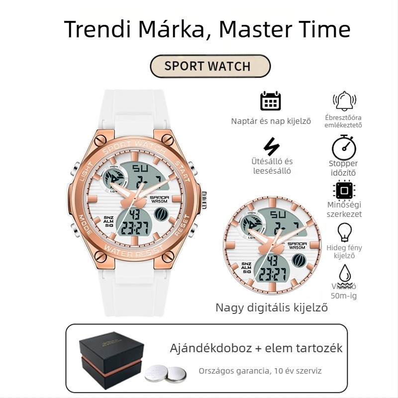 Férfi multifunkcionális sportos kültéri karóra – világító funkció, 50 m vízálló, elektronikus mechanizmus (japán, 2016), mutató + szám kijelző, ébresztő