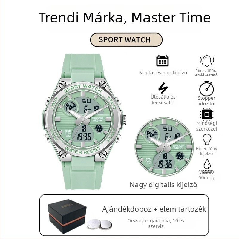 Férfi multifunkcionális sportos kültéri karóra – világító funkció, 50 m vízálló, elektronikus mechanizmus (japán, 2016), mutató + szám kijelző, ébresztő