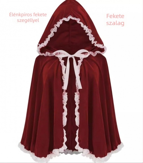 Cosplay Piroska: piros bársony kapucnis köpeny csipkés részletekkel