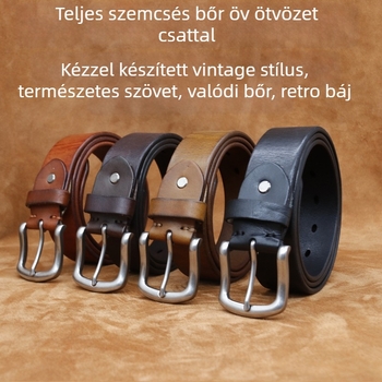 Férfi bőrszíj, valódi bőr, első réteg marhabőrből, ötvözetes tűcsattal, vintage stílus
