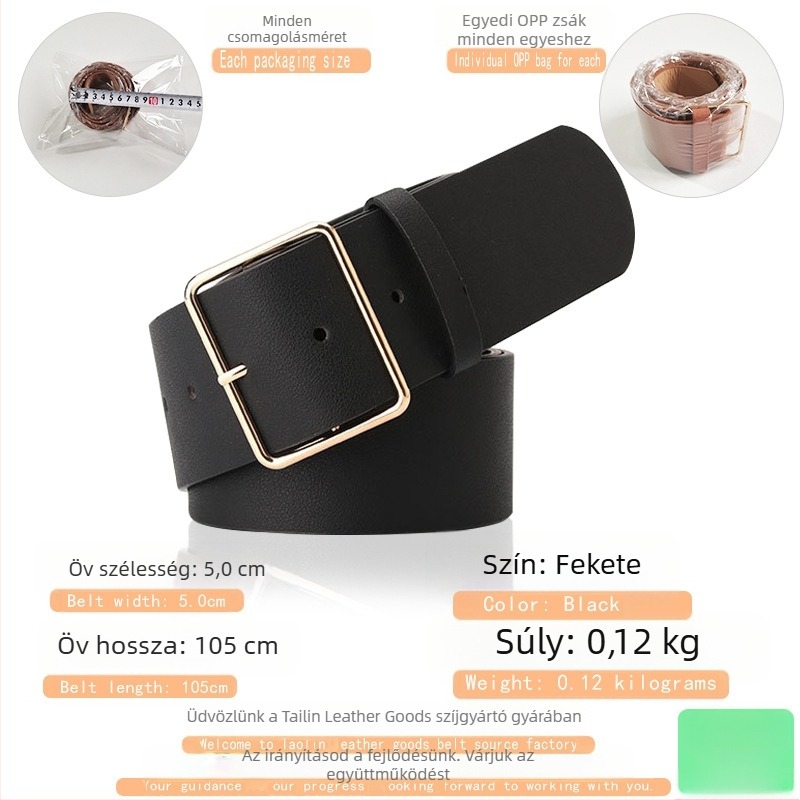 Női széles öv, nagy négyzet alakú ötvözet csattal, PU bőr, tűcsatos záródás, >4 cm szélesség, lyukfúrás és elektroplatolás.