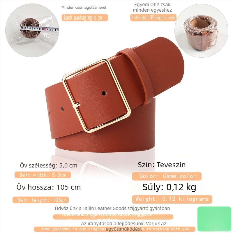 Női széles öv, nagy négyzet alakú ötvözet csattal, PU bőr, tűcsatos záródás, >4 cm szélesség, lyukfúrás és elektroplatolás.