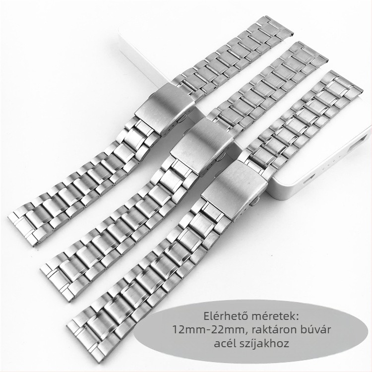 Nemesacél órapánt háromgyöngyös dizájnnal, szélesség 12mm/20mm/14mm, dupla gombos zár, arany tónus