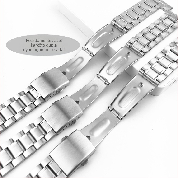Nemesacél órapánt háromgyöngyös dizájnnal, szélesség 12mm/20mm/14mm, dupla gombos zár, arany tónus