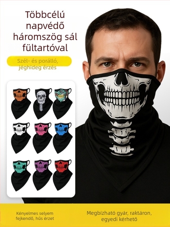 Sportos fejkendő, légáteresztő poliészter, gyorsan száradó, koponya mintás, háromszög alakú fülhurok