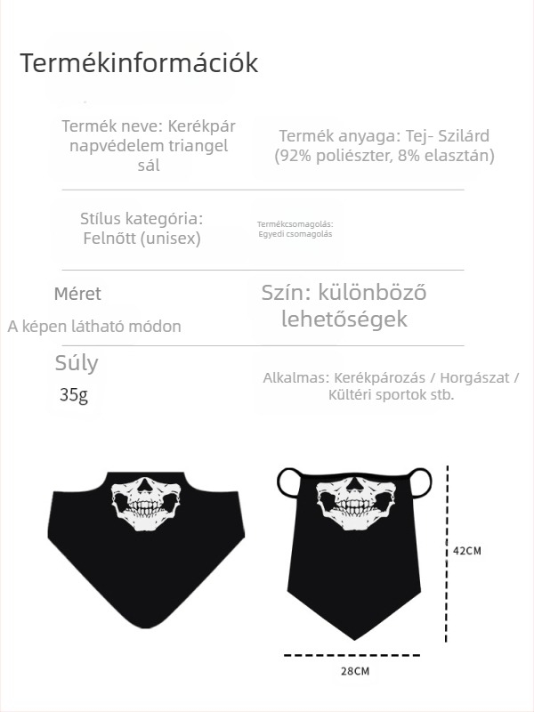 Sportos fejkendő, légáteresztő poliészter, gyorsan száradó, koponya mintás, háromszög alakú fülhurok