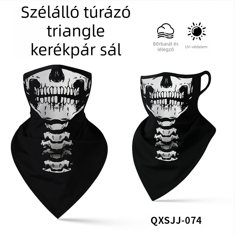 Sportos fejkendő, légáteresztő poliészter, gyorsan száradó, koponya mintás, háromszög alakú fülhurok