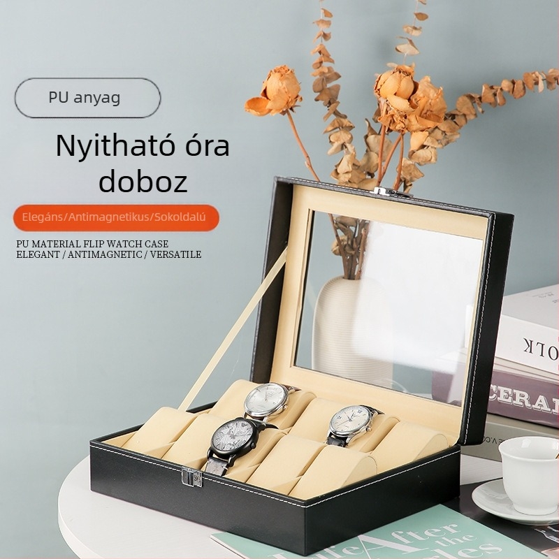 Bőr óratartó doboz, kétszintes ékszeres doboz 4 rekesz, Yusen