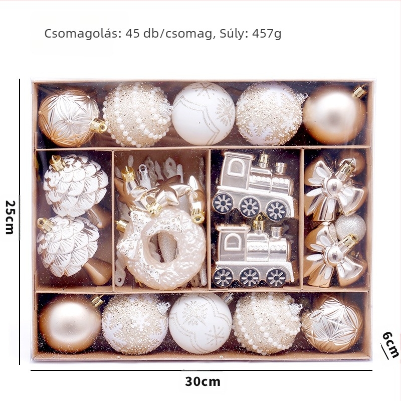 Mézeskalács figurás karácsonyi díszkészlet – 45 festett golyó és karácsonyfa-függő, műanyag, modern minimalista stílus, félkész kézi és félkész mechanikus kivitelezés
