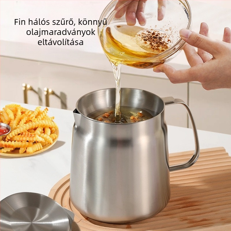 304 rozsdamentes acél olajszűrő edény, konyhai olajtároló fedővel és szűrővel, olaj kiöntéséhez és olajecsethez