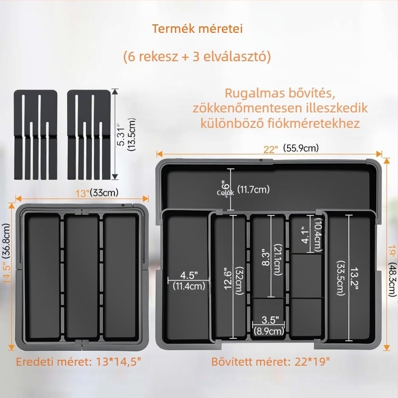 Kinyitható konyhai evőeszköz fiók rendező — beépített, egyszerű és modern stílus, modell 8045, PP/ABS