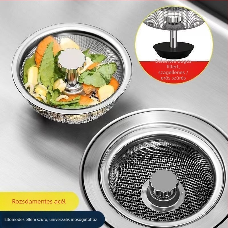 Rozsdamentes acél konyhai mosogató szűrő — univerzális kompatibilitás, modern minimalista kialakítás, modell HQ