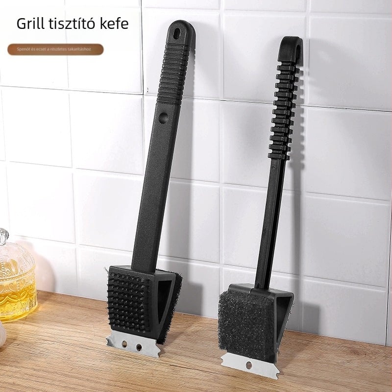 Grill tisztító ecset acéldrót szálakkal, szivacs, kétoldalas kefével, három az egyben hosszú nyéllel és kaparóval – Four Seasons