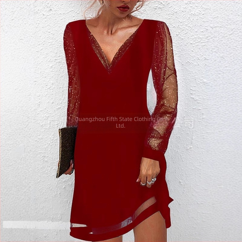 Midi ruha hálószövésből, V-nyakkal és buborékos ujjakkal, poliészter 80-90%