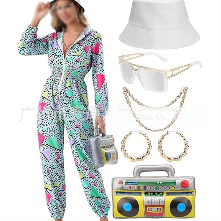 Női overál elasztikus derékkal, hosszú ujjú, poliészter, hippie retro nyomat, 2025 tavasz