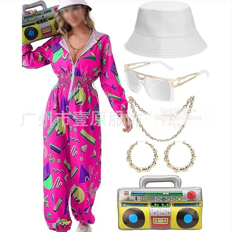 Női overál elasztikus derékkal, hosszú ujjú, poliészter, hippie retro nyomat, 2025 tavasz