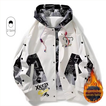 Férfi téli kapucnis dzseki, laza szabású, gallér nélküli, cipzár a fronton, Hongkong-stílus, külső és bélés 100% poliészter, vastag, hosszú ujjú, zsebes részletek