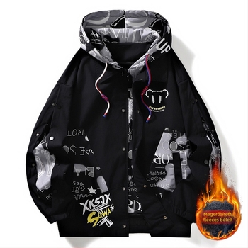 Férfi téli kapucnis dzseki, laza szabású, gallér nélküli, cipzár a fronton, Hongkong-stílus, külső és bélés 100% poliészter, vastag, hosszú ujjú, zsebes részletek