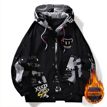 Férfi téli kapucnis dzseki, laza szabású, gallér nélküli, cipzár a fronton, Hongkong-stílus, külső és bélés 100% poliészter, vastag, hosszú ujjú, zsebes részletek