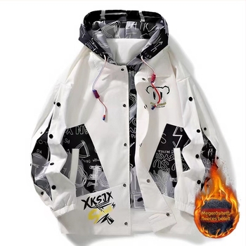 Férfi téli kapucnis dzseki, laza szabású, gallér nélküli, cipzár a fronton, Hongkong-stílus, külső és bélés 100% poliészter, vastag, hosszú ujjú, zsebes részletek