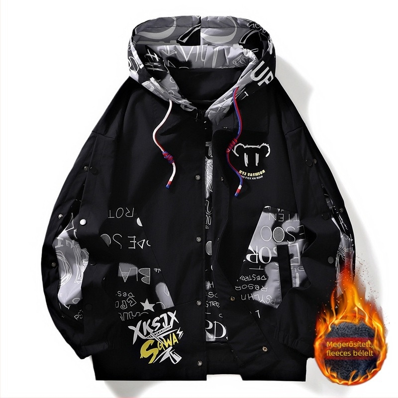 Férfi téli kapucnis dzseki, laza szabású, gallér nélküli, cipzár a fronton, Hongkong-stílus, külső és bélés 100% poliészter, vastag, hosszú ujjú, zsebes részletek