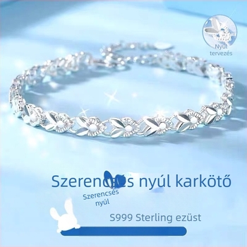 Női ezüst karkötő S990, 99% tisztaságú, motívumok: négylevelű lóhere, szerencsés nyúl, virágok és levelek, csillogó elektroplazált felület