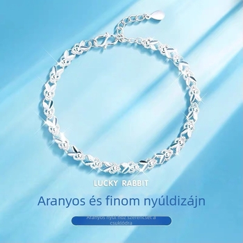 Női ezüst karkötő S990, 99% tisztaságú, motívumok: négylevelű lóhere, szerencsés nyúl, virágok és levelek, csillogó elektroplazált felület