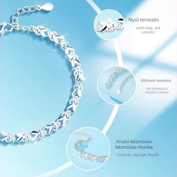 Női ezüst karkötő S990, 99% tisztaságú, motívumok: négylevelű lóhere, szerencsés nyúl, virágok és levelek, csillogó elektroplazált felület