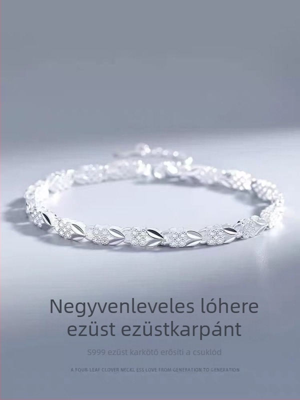 Női ezüst karkötő S990, 99% tisztaságú, motívumok: négylevelű lóhere, szerencsés nyúl, virágok és levelek, csillogó elektroplazált felület