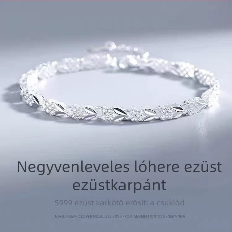 Női ezüst karkötő S990, 99% tisztaságú, motívumok: négylevelű lóhere, szerencsés nyúl, virágok és levelek, csillogó elektroplazált felület