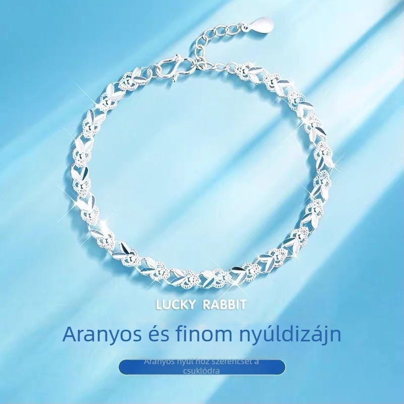 Női ezüst karkötő S990, 99% tisztaságú, motívumok: négylevelű lóhere, szerencsés nyúl, virágok és levelek, csillogó elektroplazált felület